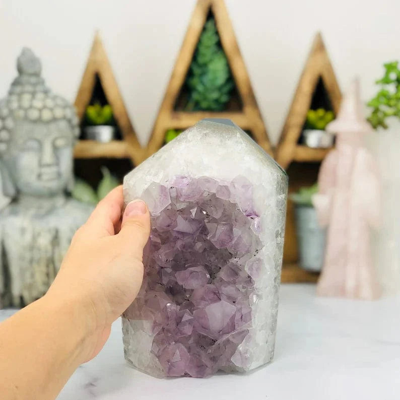 Amethyst Druzy Polished Tower Point with hand for size reference