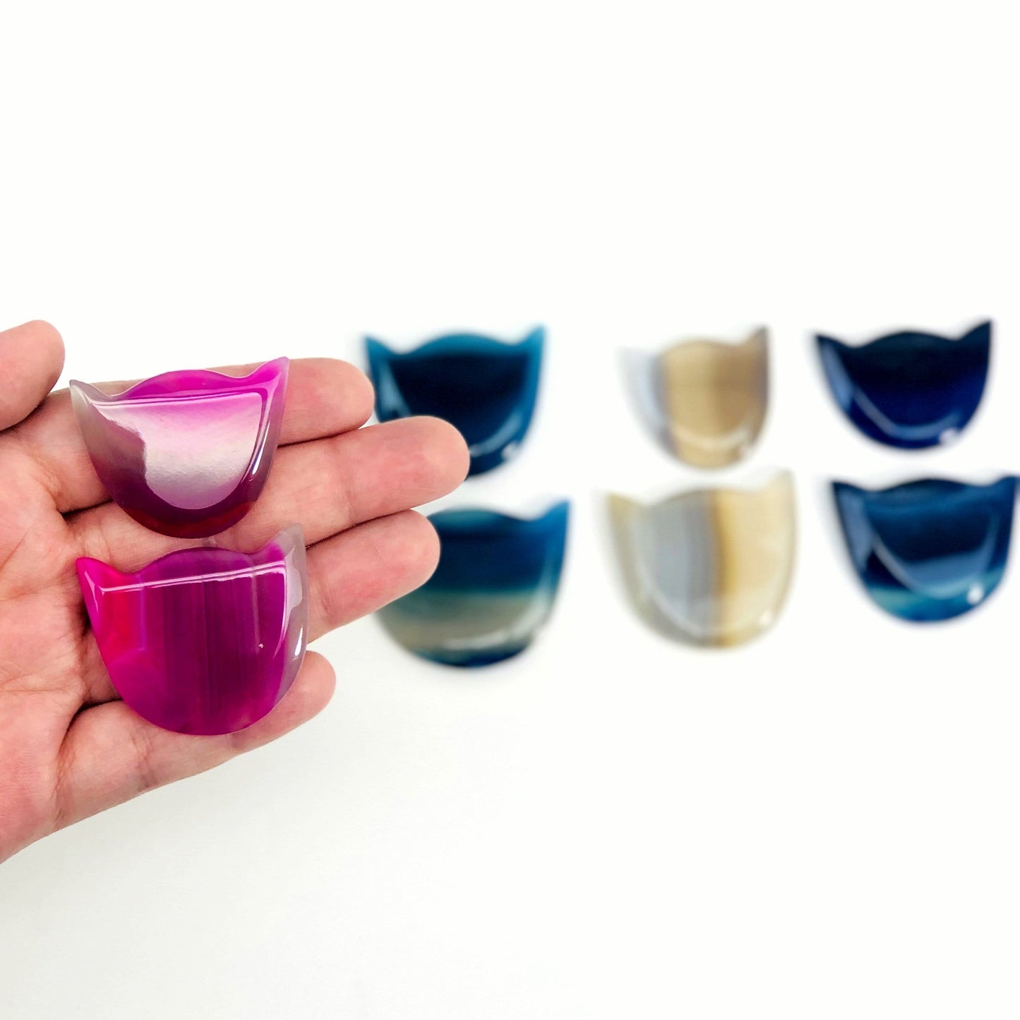 Agate Cats in a hand with multiple Agate Cats in the background. 
