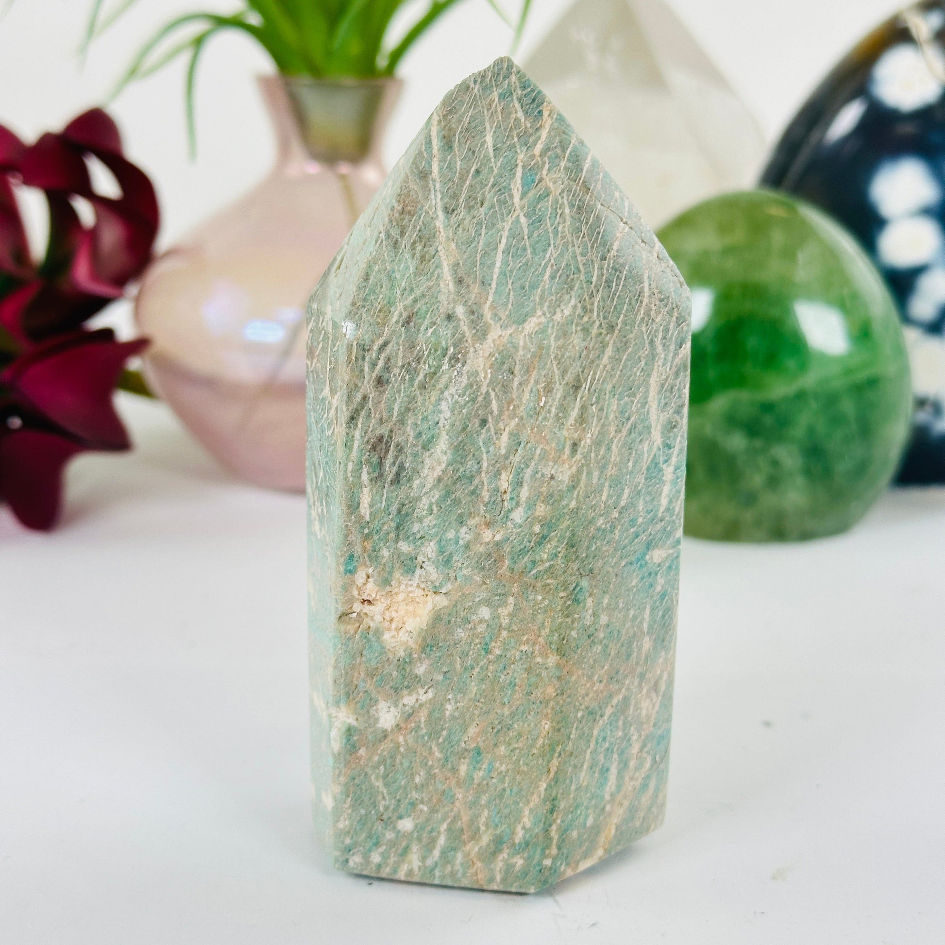 Amazonite Polished Crystal Point #1 front view