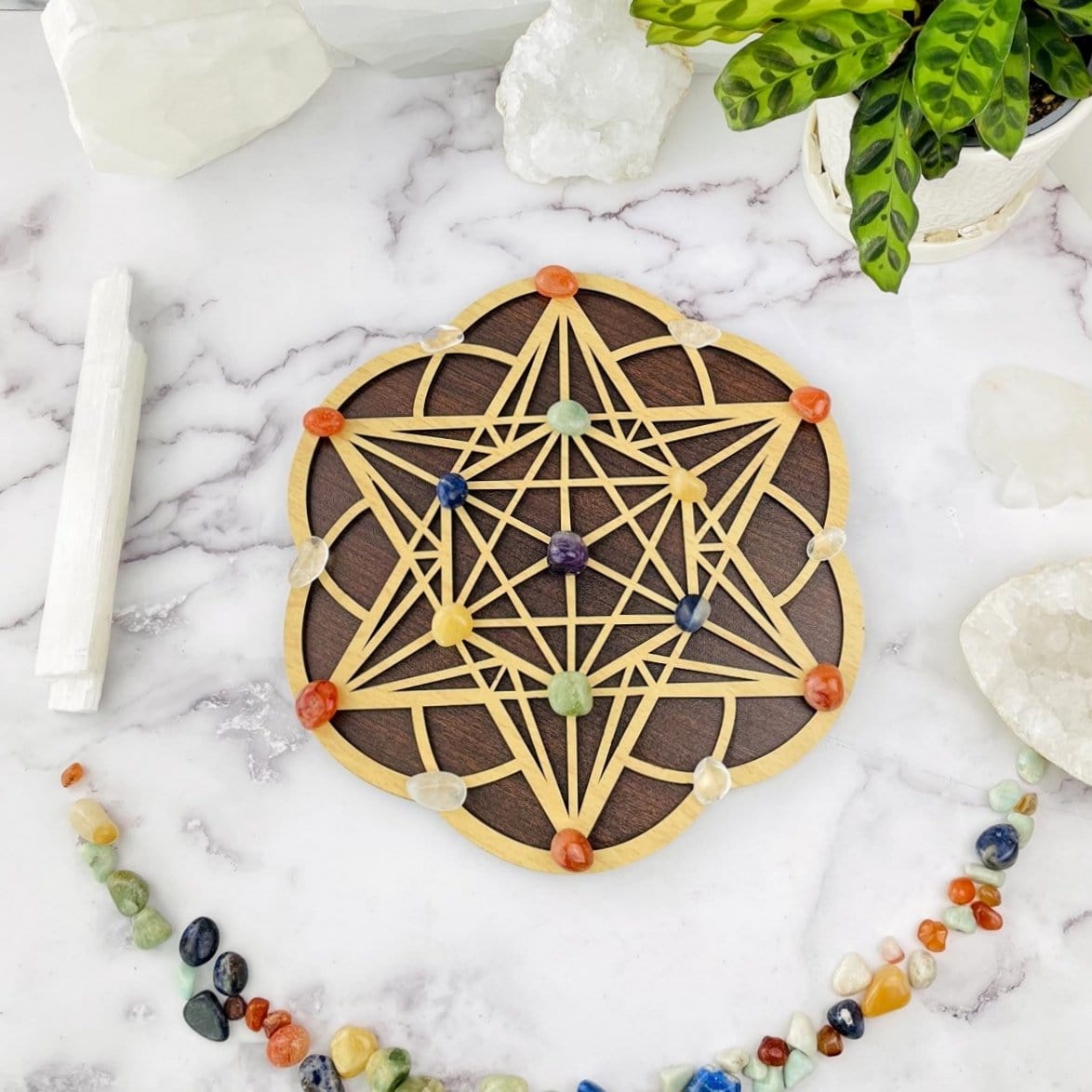 wooden grid with crystals on and around it