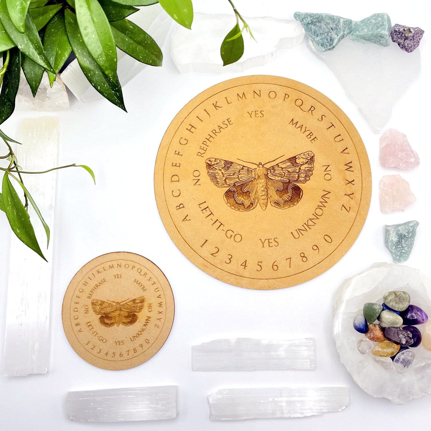 round wood board with a moth in the center - 2 sizes
