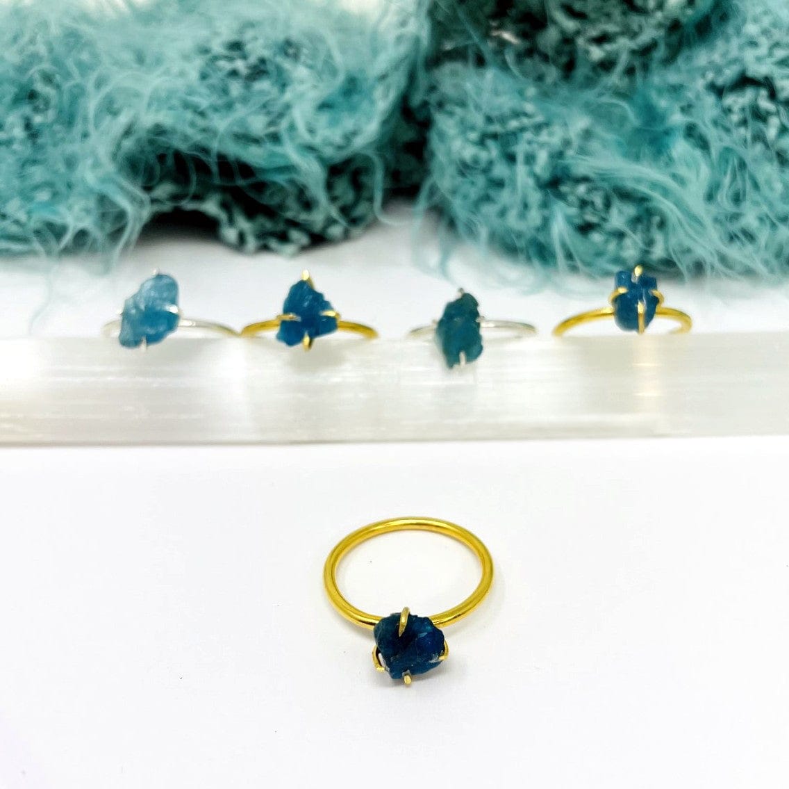 close up of the apatite gemstone rings. available in gold or silver 