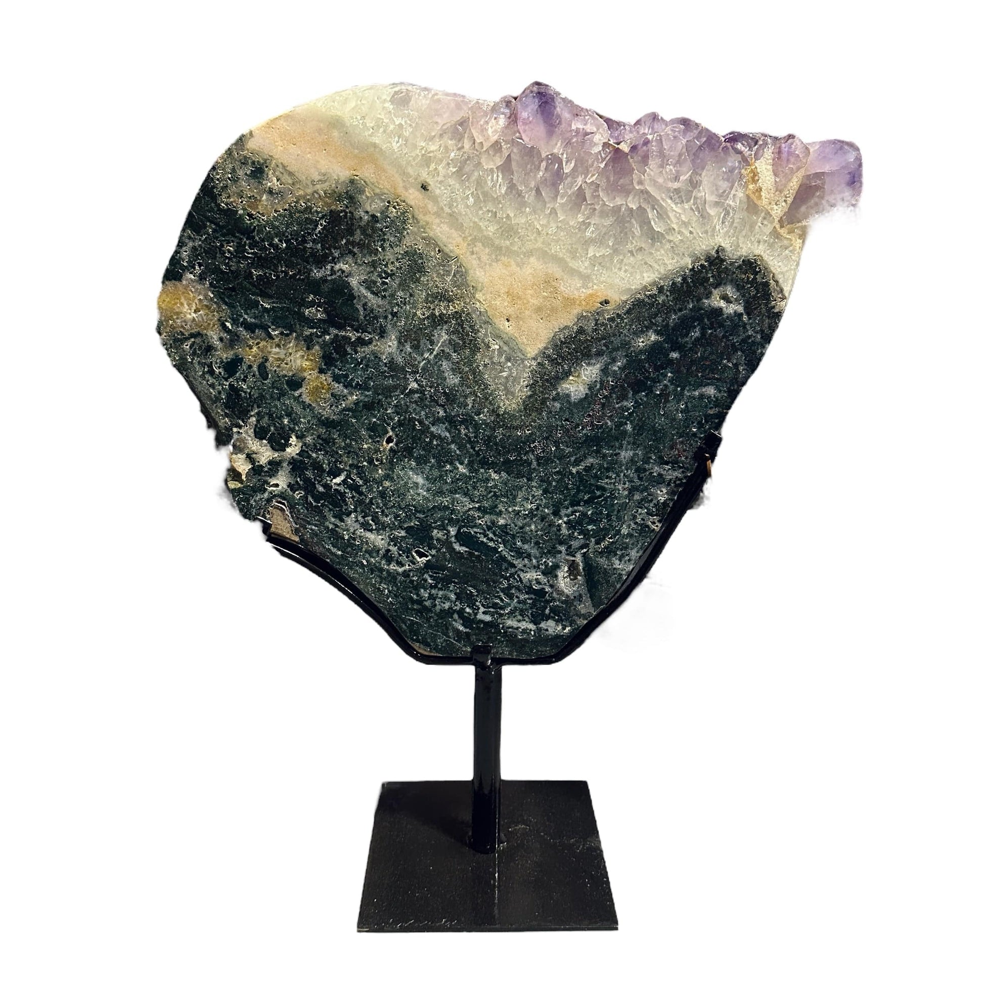 amethyst with jasper on metal stand on white background