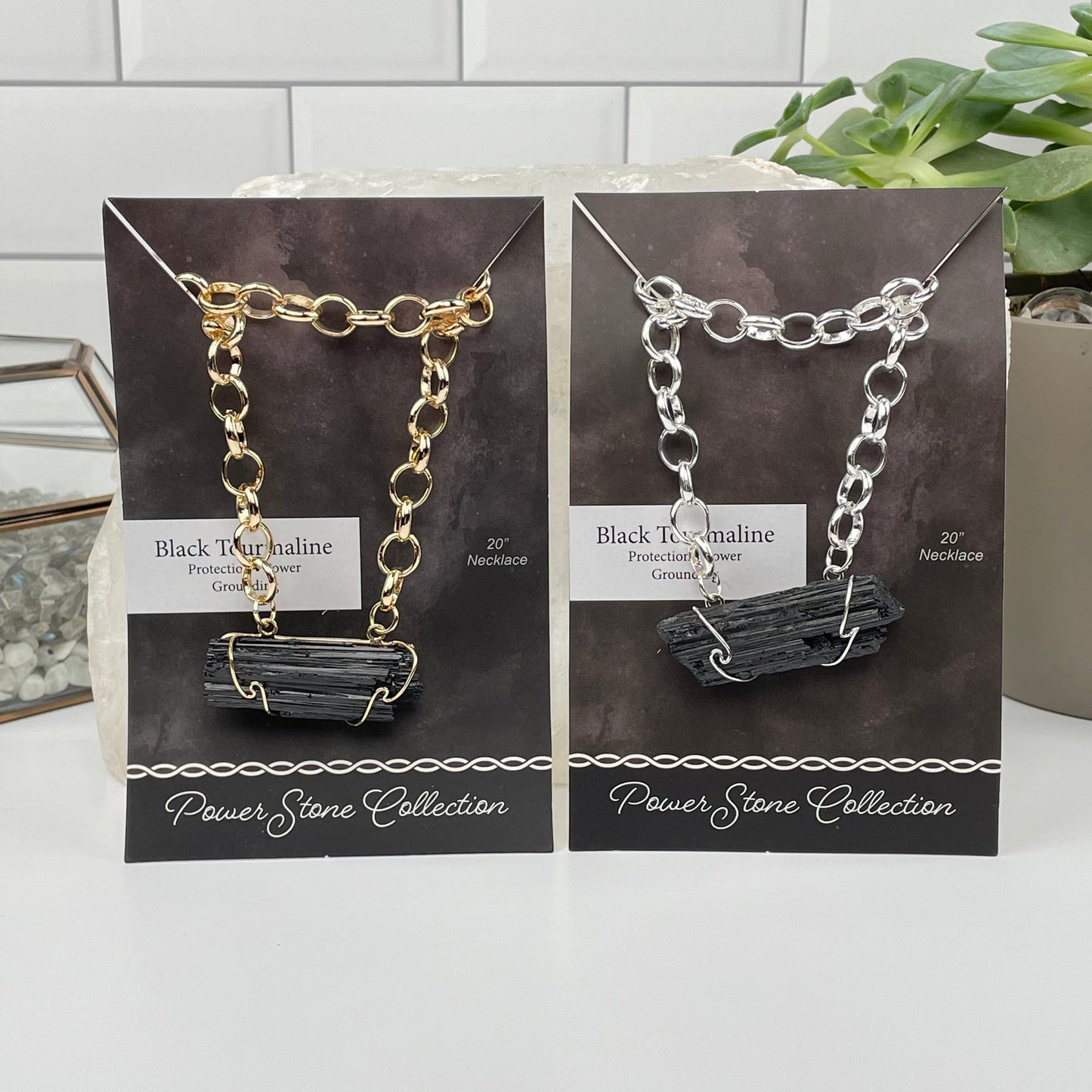 Power Stone Crystal Necklaces come in gold or silver. available in black tourmaline