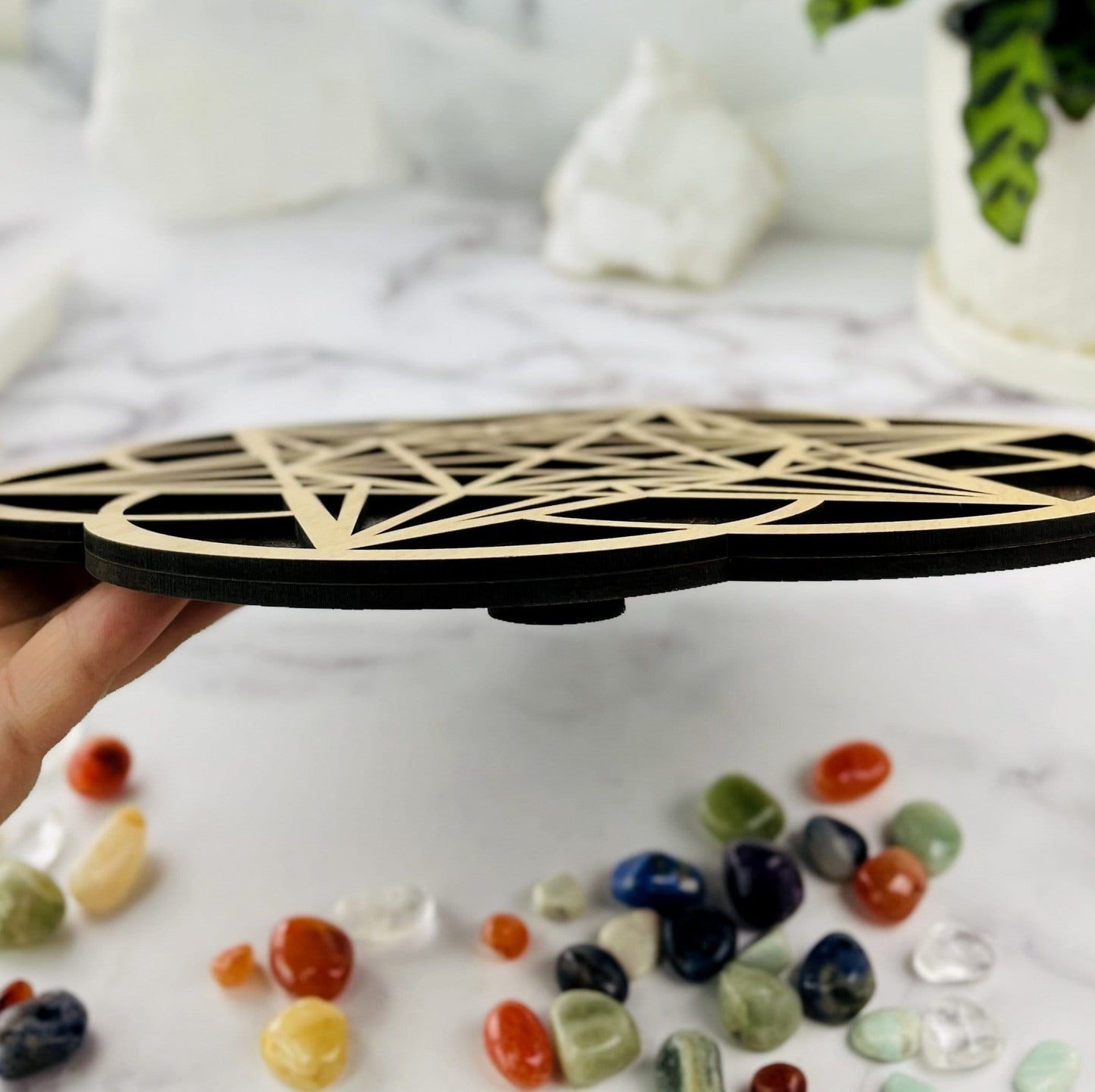 side view of wooden grid with crystals in the background