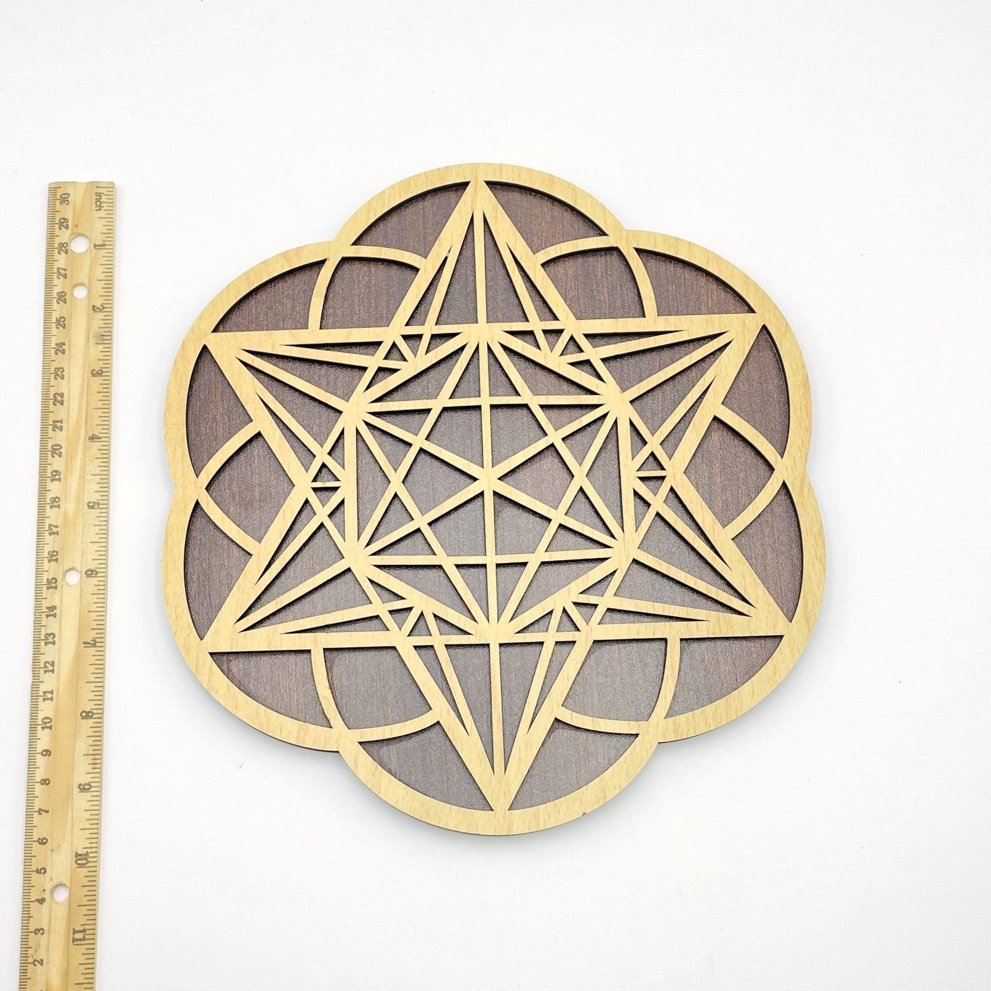 wooden grid next to ruler for size reference