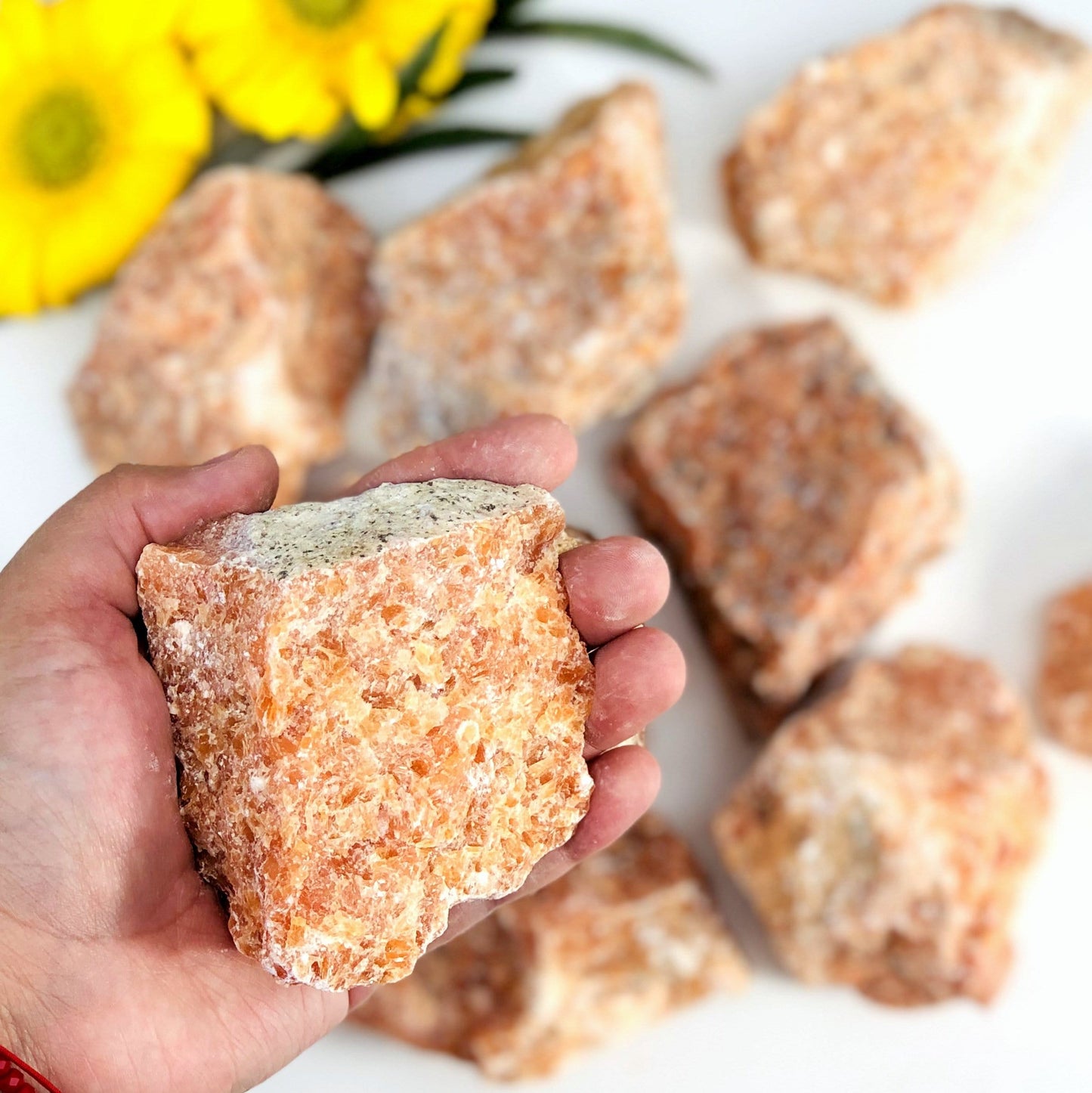 Hand holding a large orchid calcite rough stone for size reference 