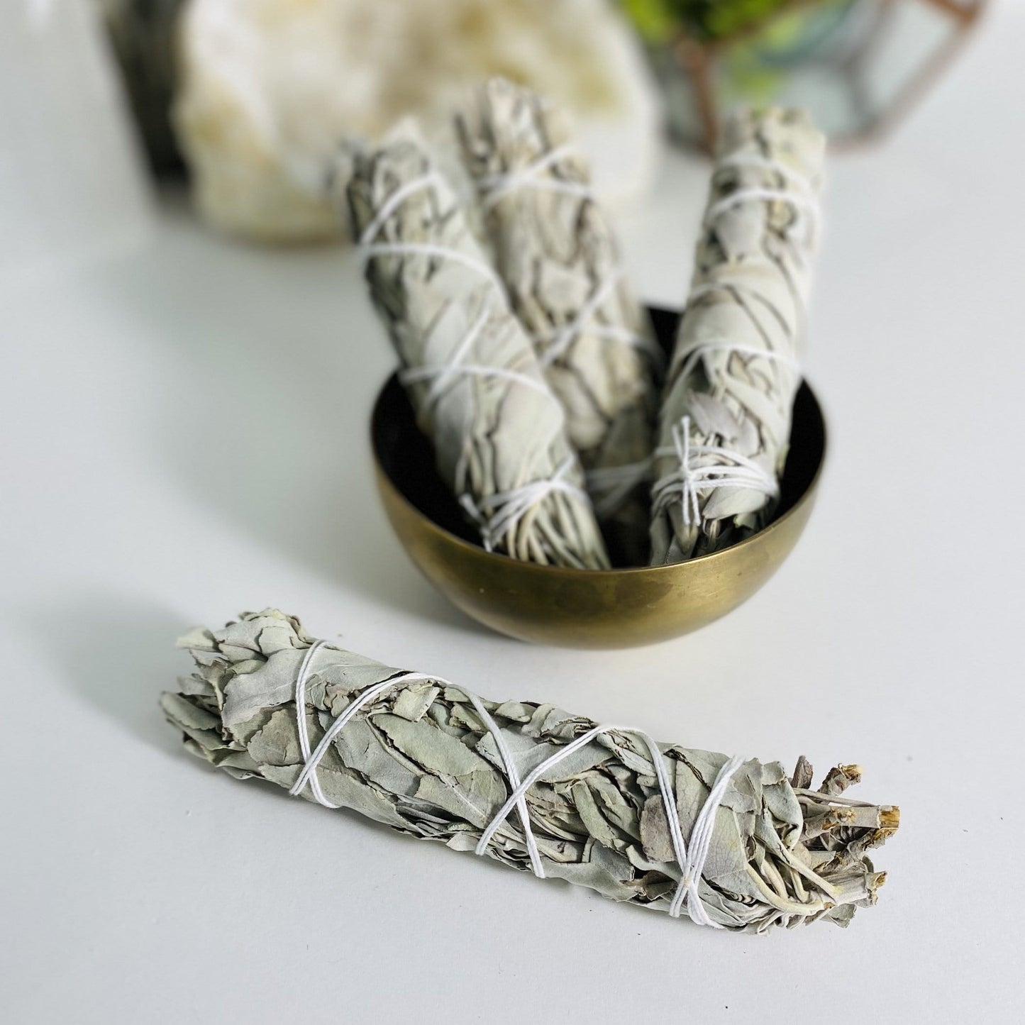 Three White Sage Sticks displayed in a brass bowl and one more stick is pictured on a flat white surface.