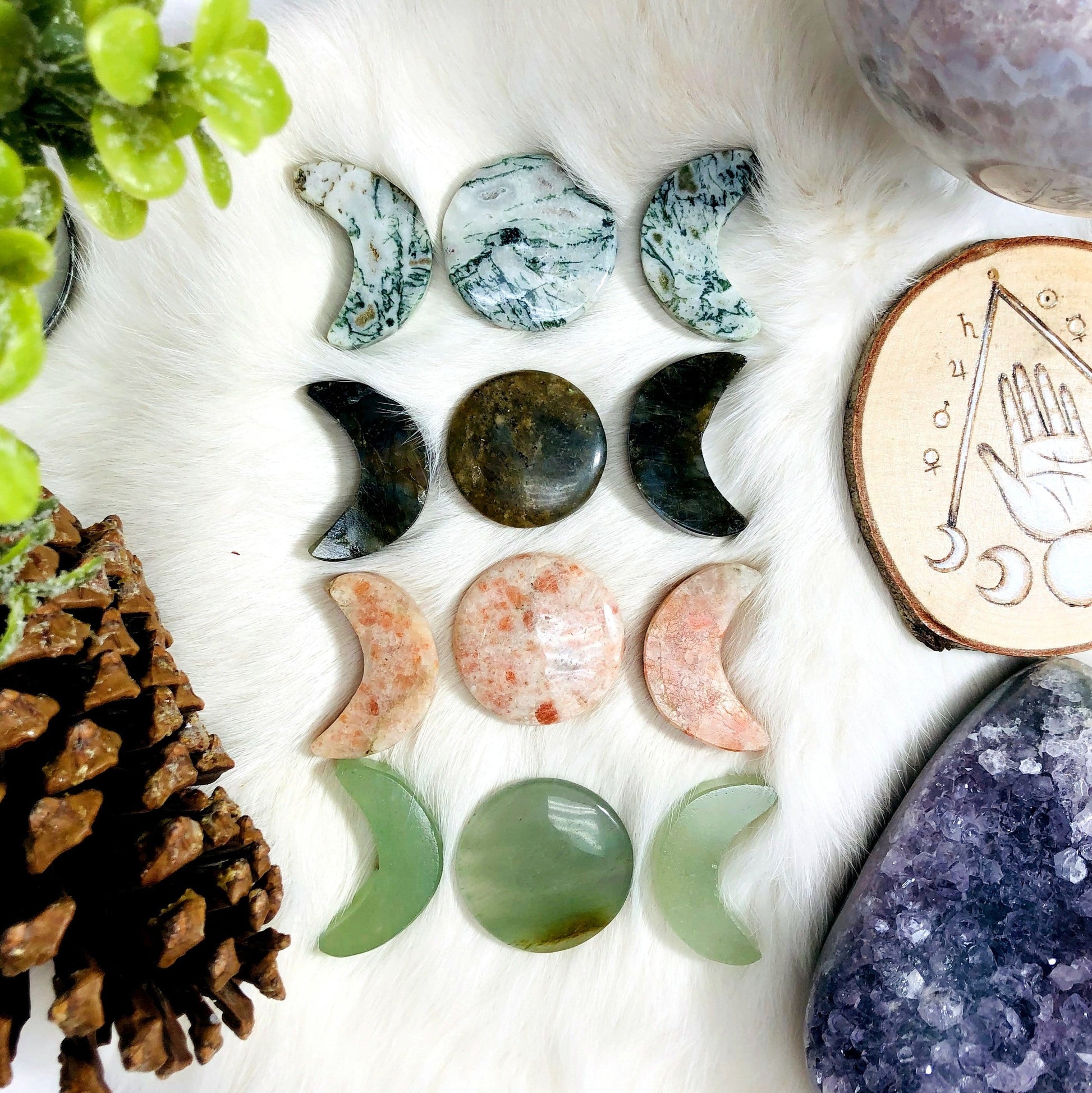 Gemstone Moon Phase Stones displayed to show the full moons and half moons