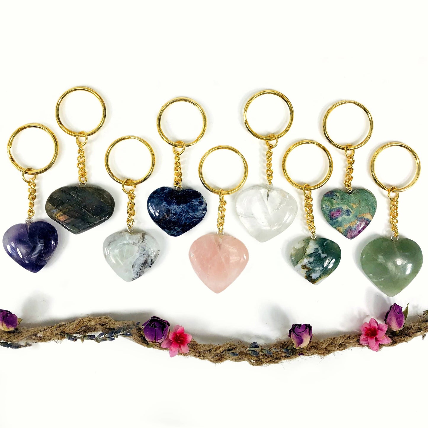 Gemstone Crystal Heart Keychains - Variety of Stones - 10 Pack