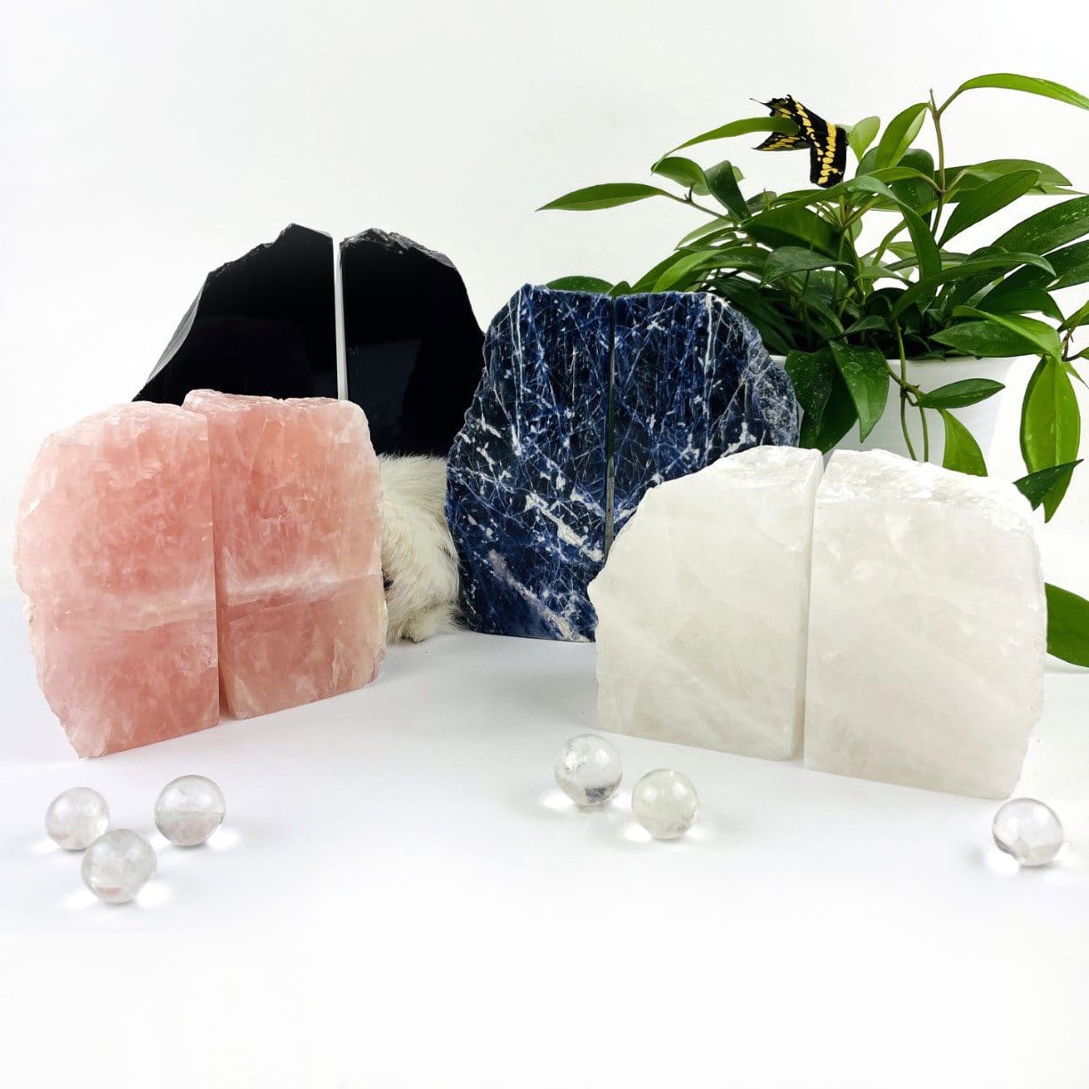 Rose Quartz Bookend Set with other stone bookends
