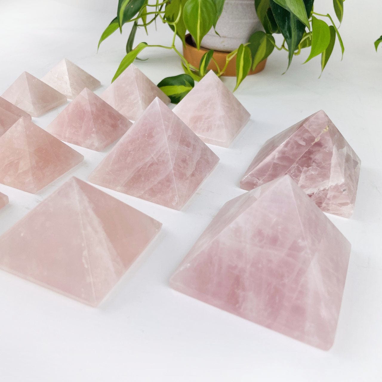 Rose Quartz Pyramids closer up to see details of the stone