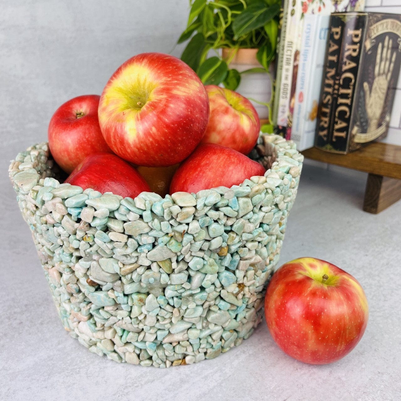 amazonite  Tumbled Stone Pot with apples inside