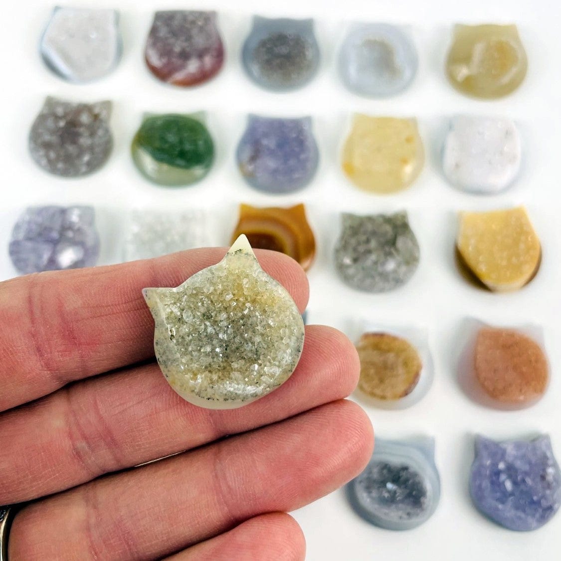 Agate Druzy Cat Head in a hand with multiple agate druzy cat heads in the background.