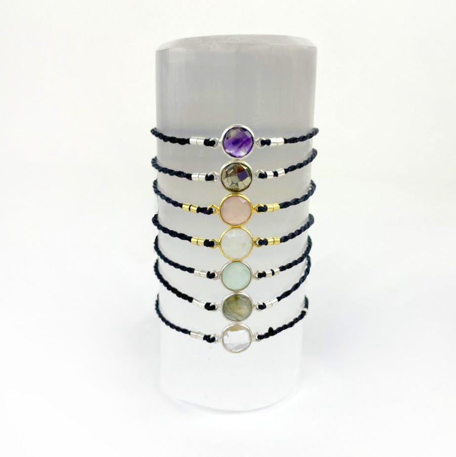 Gemstone Bezel Bracelets - Adjustable Cord with Gold or Silver Plated Accents, showing the black, cording with  the different stones available