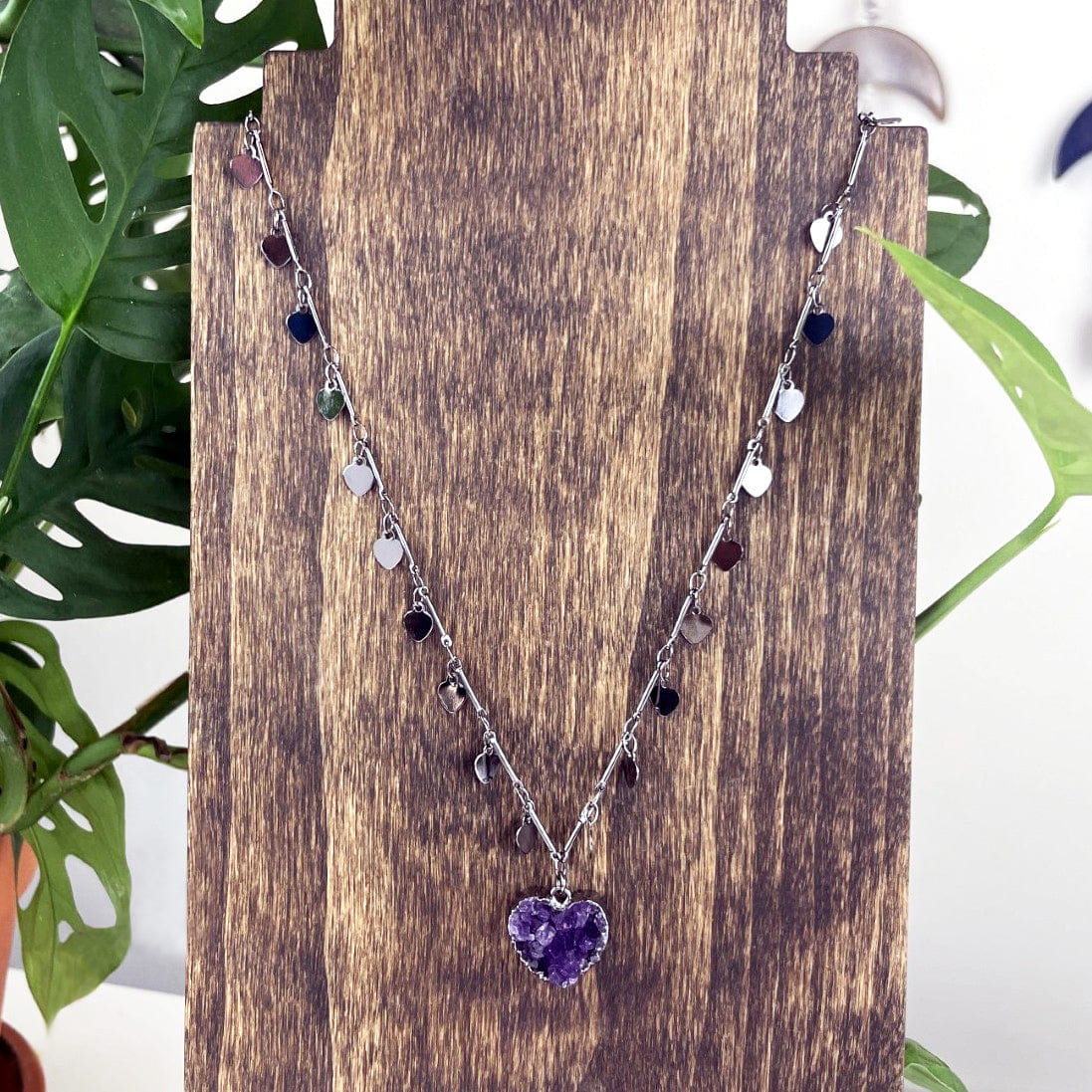 Amethyst Druzy Heart on Sweetheart Necklace with Heart Dangle Chain in  Gunmetal