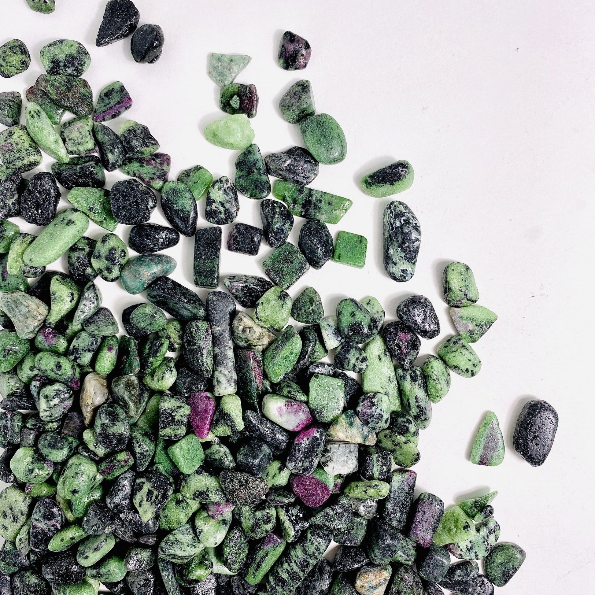 ruby zoisite chips on white background