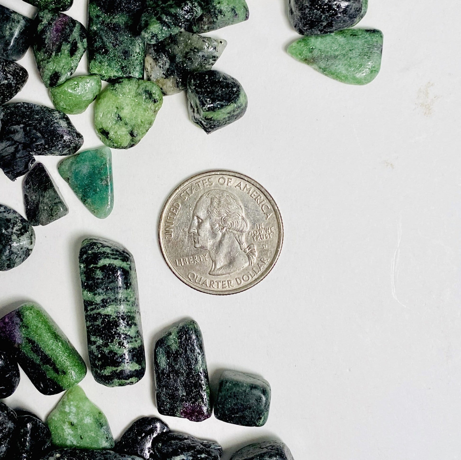 ruby zoisite chips on white background