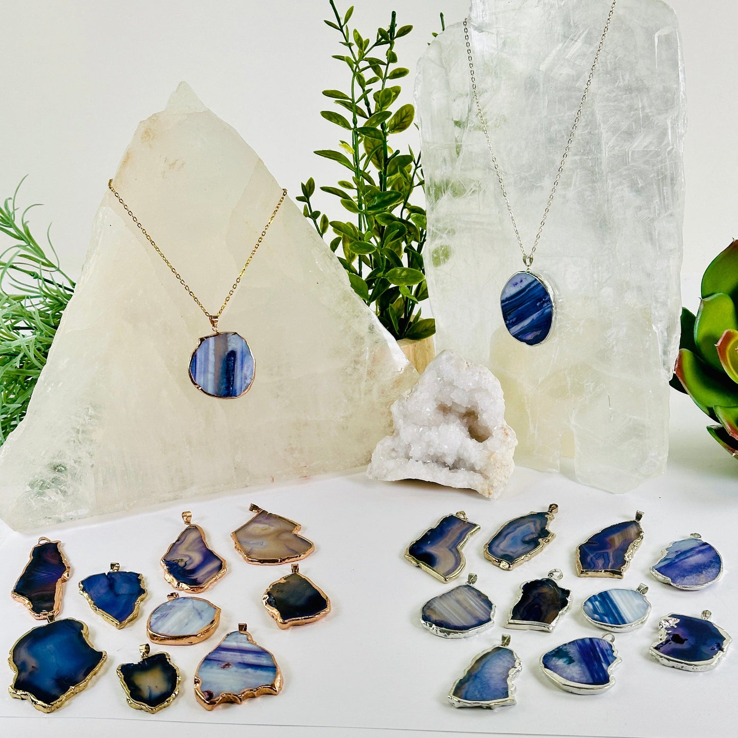Agate Freeform Gold or Silver Plated Crystal Pendant - You Choose Color and Finish purple variant lifestyle shot