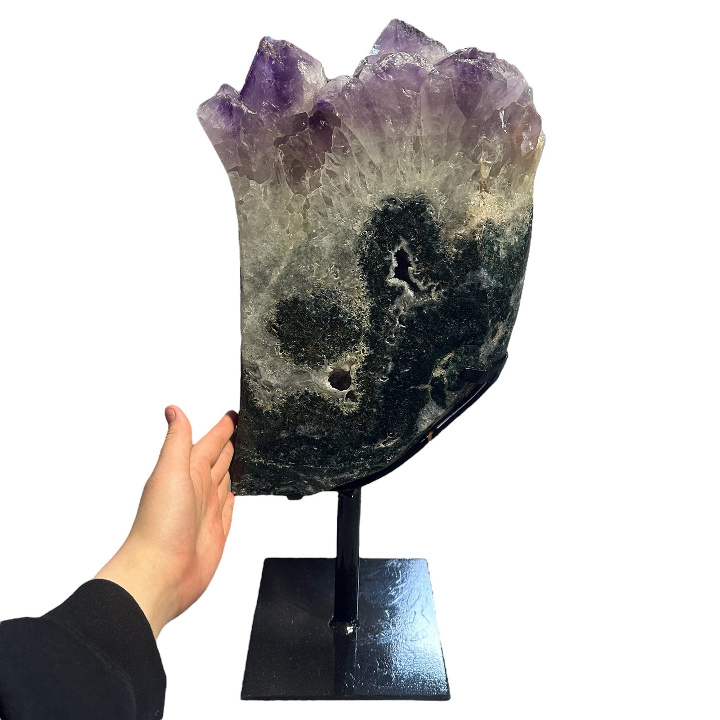 amethyst with jasper on metal stand on white background