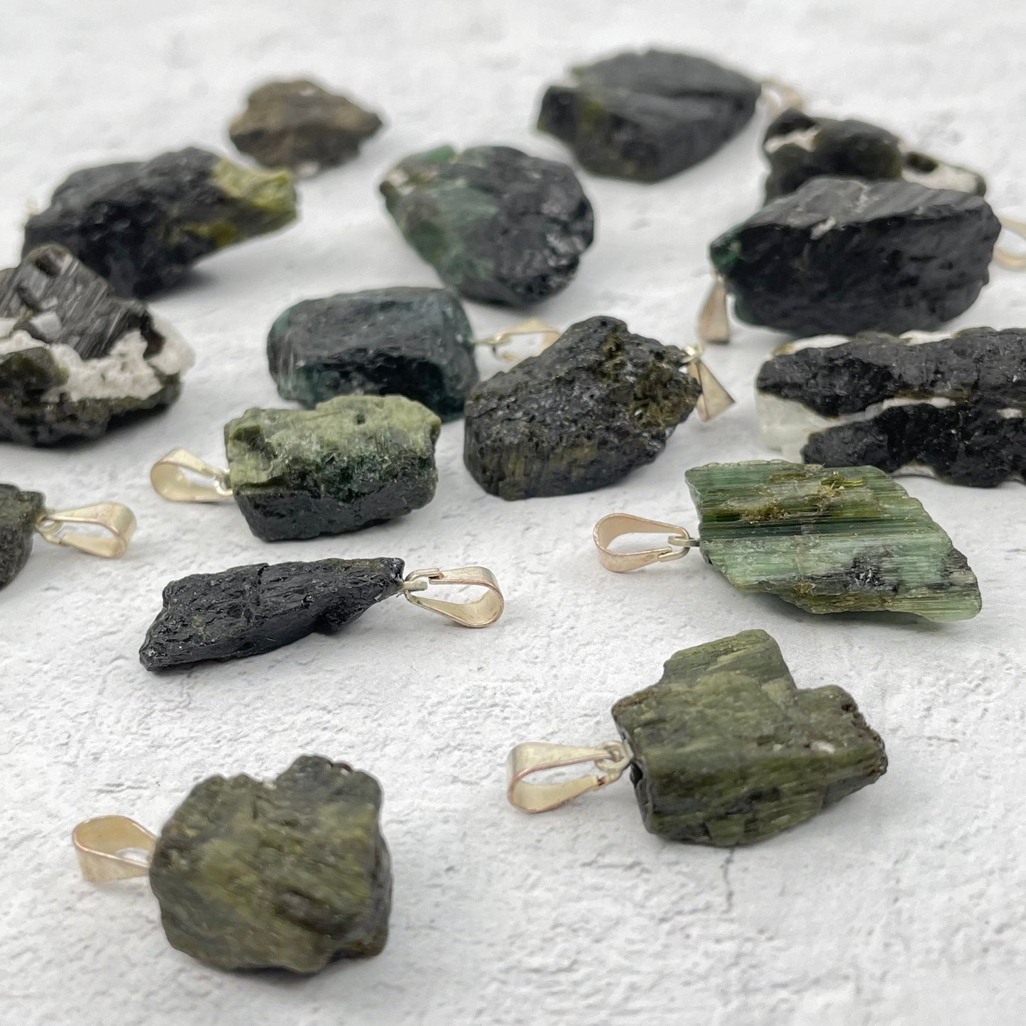 Green Tourmaline - Rough Stone Pendants with Silver Plated Bail