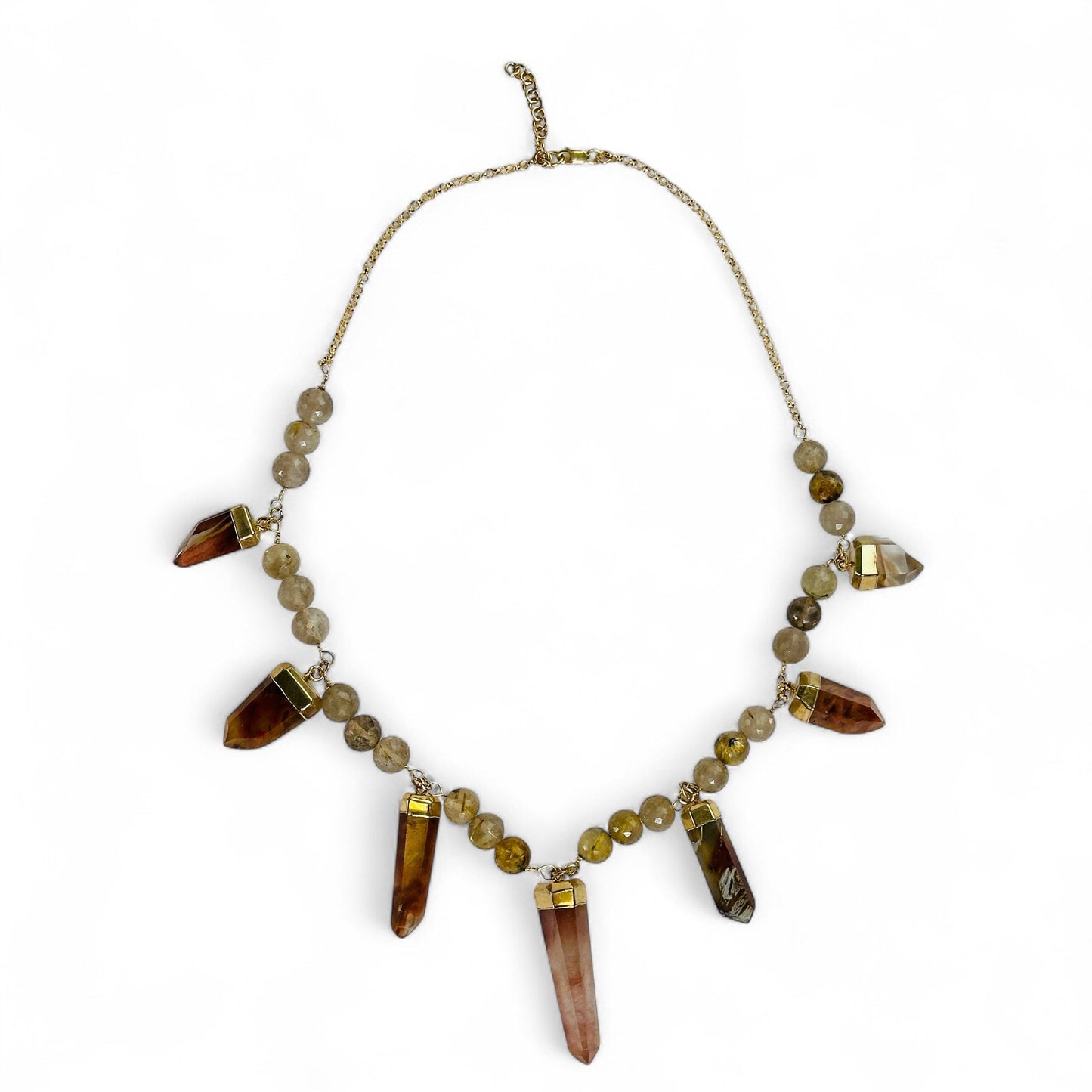 Amphibole and Rutilated Quartz Crystal Charm Necklace - Gold over Sterling Silver on white background