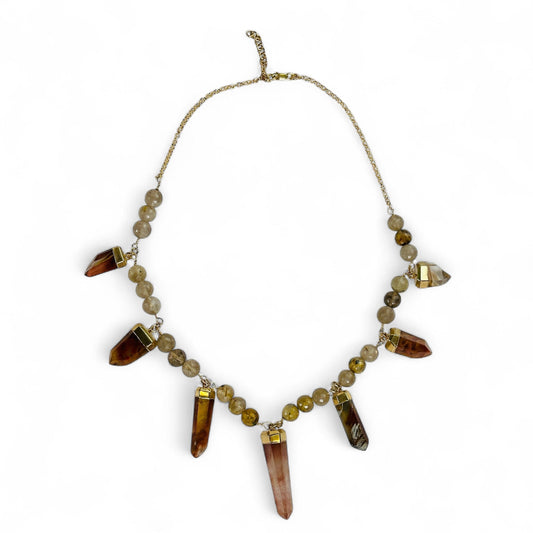 Amphibole and Rutilated Quartz Crystal Charm Necklace - Gold over Sterling Silver on white background