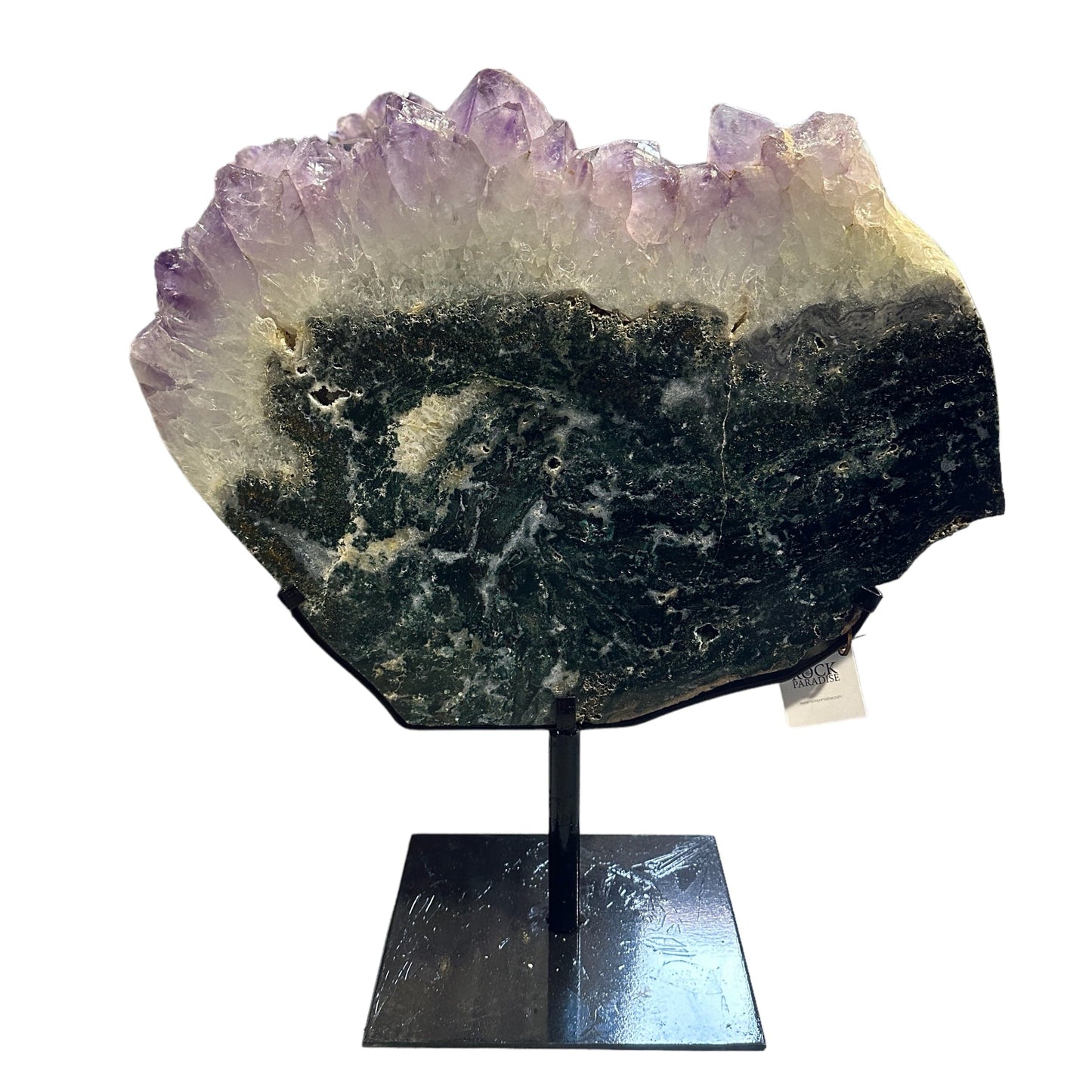 amethyst with jasper on metal stand on white background