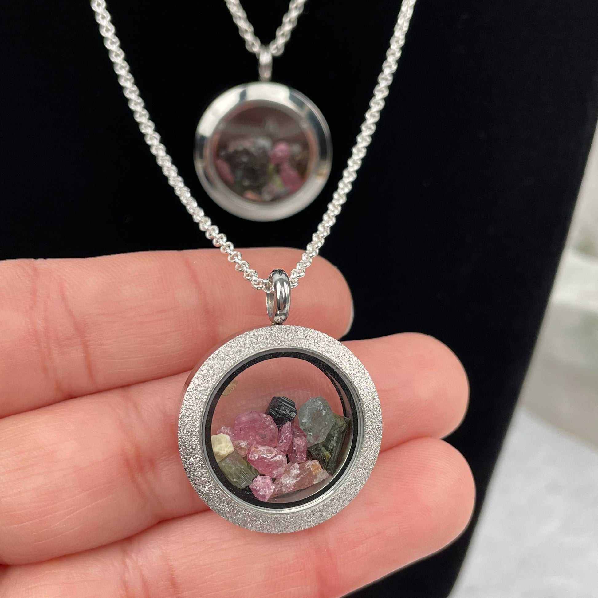 Watermelon Tourmaline Necklace available in glitter silver or solid silver 