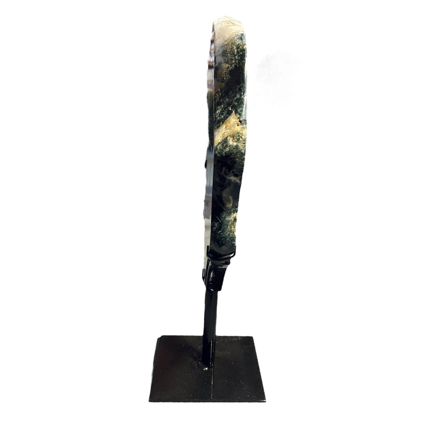 amethyst with jasper on metal stand on white background