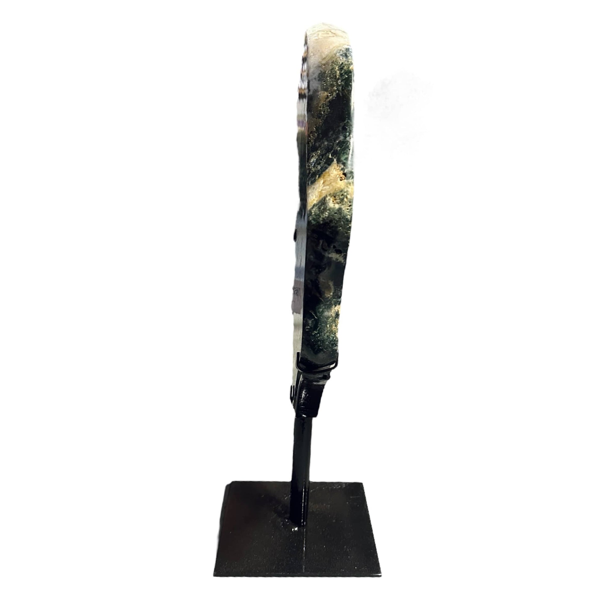 amethyst with jasper on metal stand on white background