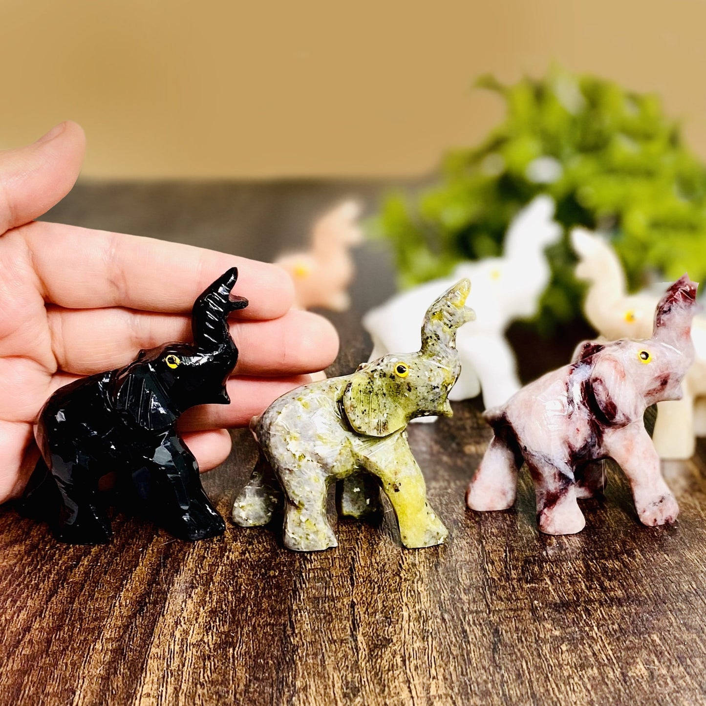 Elephant Shaped Mini Stones Statues ELEPHANTS AVAILABLE IN: Black Obsidian Cream Moonstone Peach Aventurine Brecciated Jasper Dolomite Serpentine