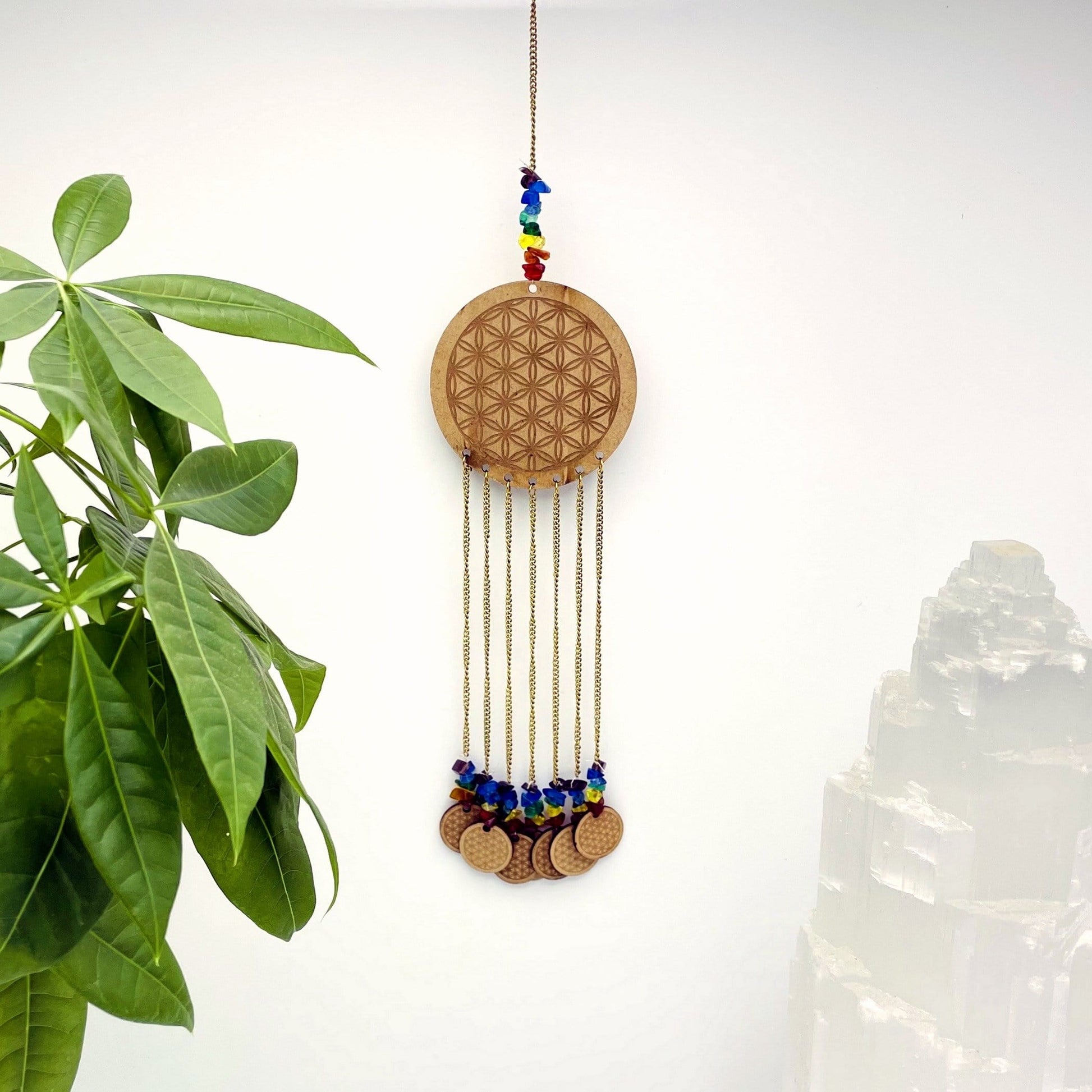 Beautiful Engraved Flower of Life on a wooden circle with attached mini engraved wood circles on white background.