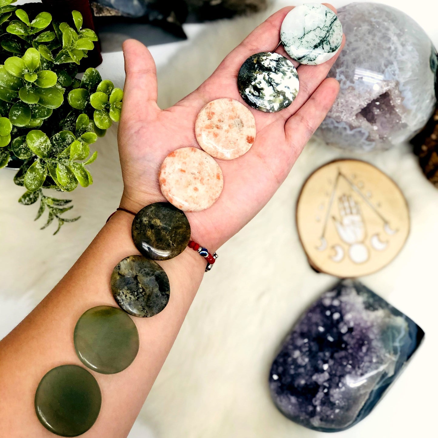 Gemstone Moon Phase  shape full Moss Agate  Full Labradorite Full Sunstone  Full Aventurine Full Rose Quartz  Full Sodalite  on hand to show size reference