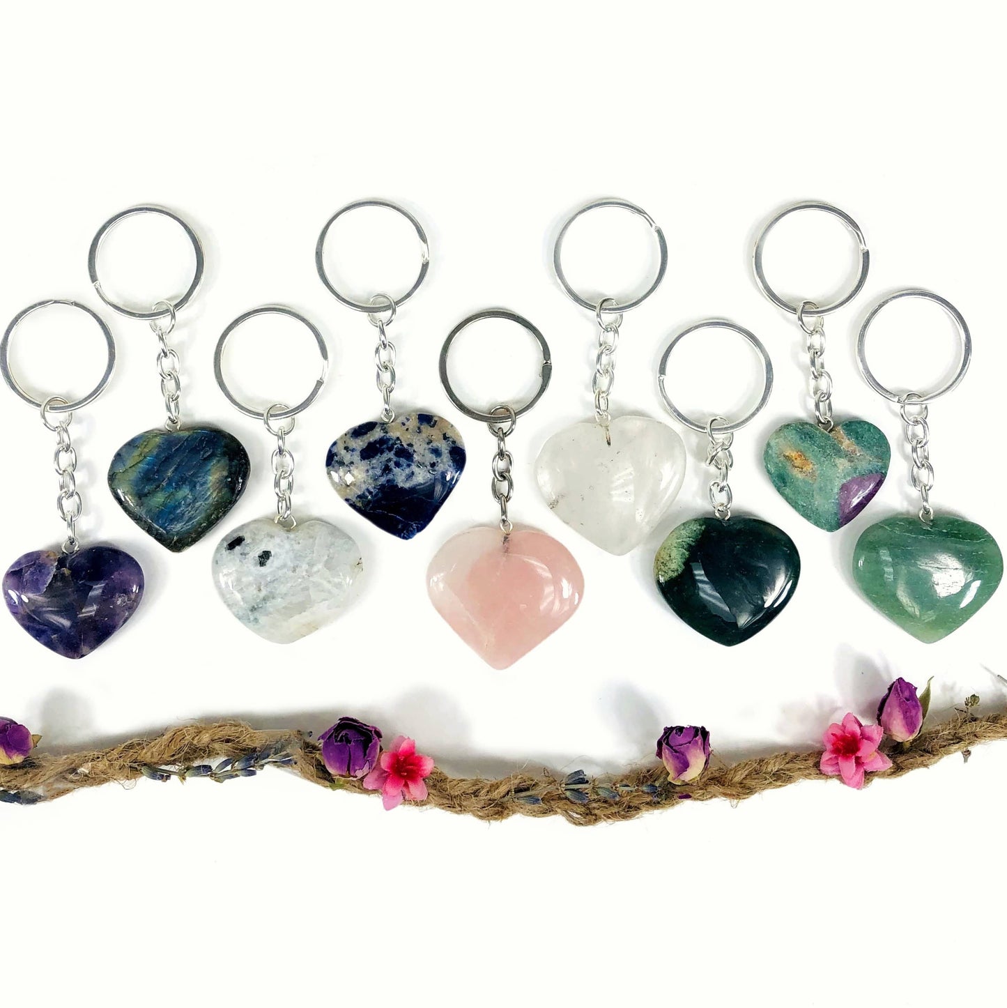 Gemstone Crystal Heart Keychains - Variety of Stones - 10 Pack