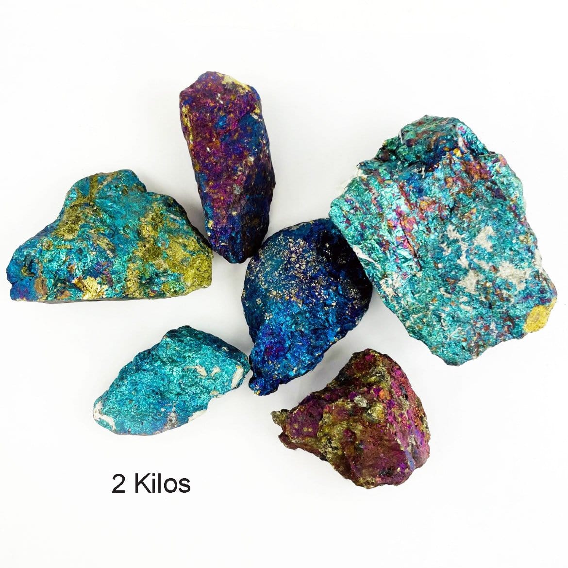 2 kilos of peacock ore on a white background showing it has approximately 6 pieces.