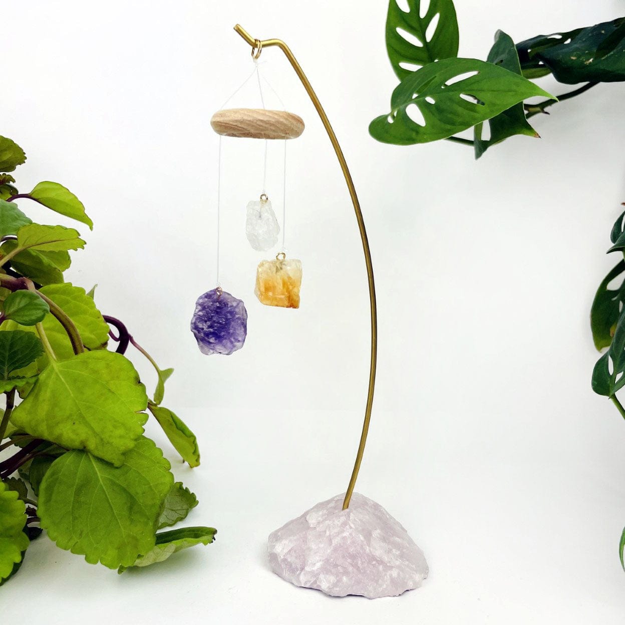 Rose Quartz base with Crystal Quartz, Citrine, and Amethyst Raw Stone displayed up close