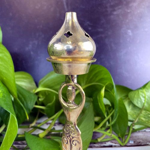 Brass Incense Holder Bruner Statue of a Woman with lid, up close