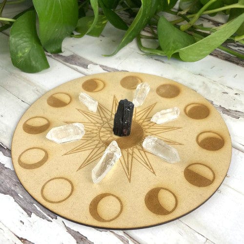 wooden grid with crystals on it