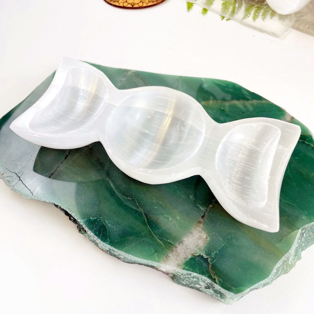 Selenite Triple Moon Goddess Bowl - Moon Phase Charging Station close up 