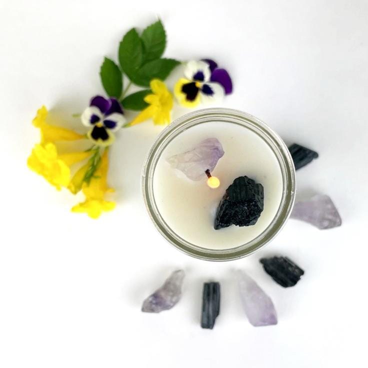close up of the crystals in the intention candle 