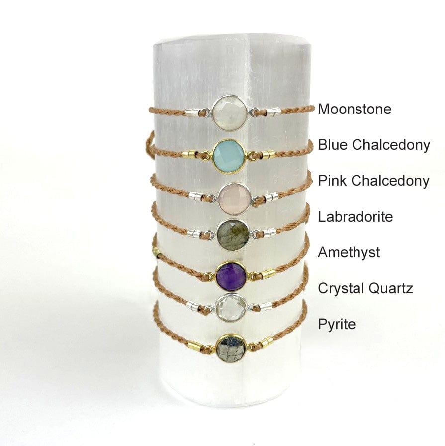 Gemstone Bezel Bracelet with Adjustable Cord – Gold or Silver – Choose Stone & Cord Color