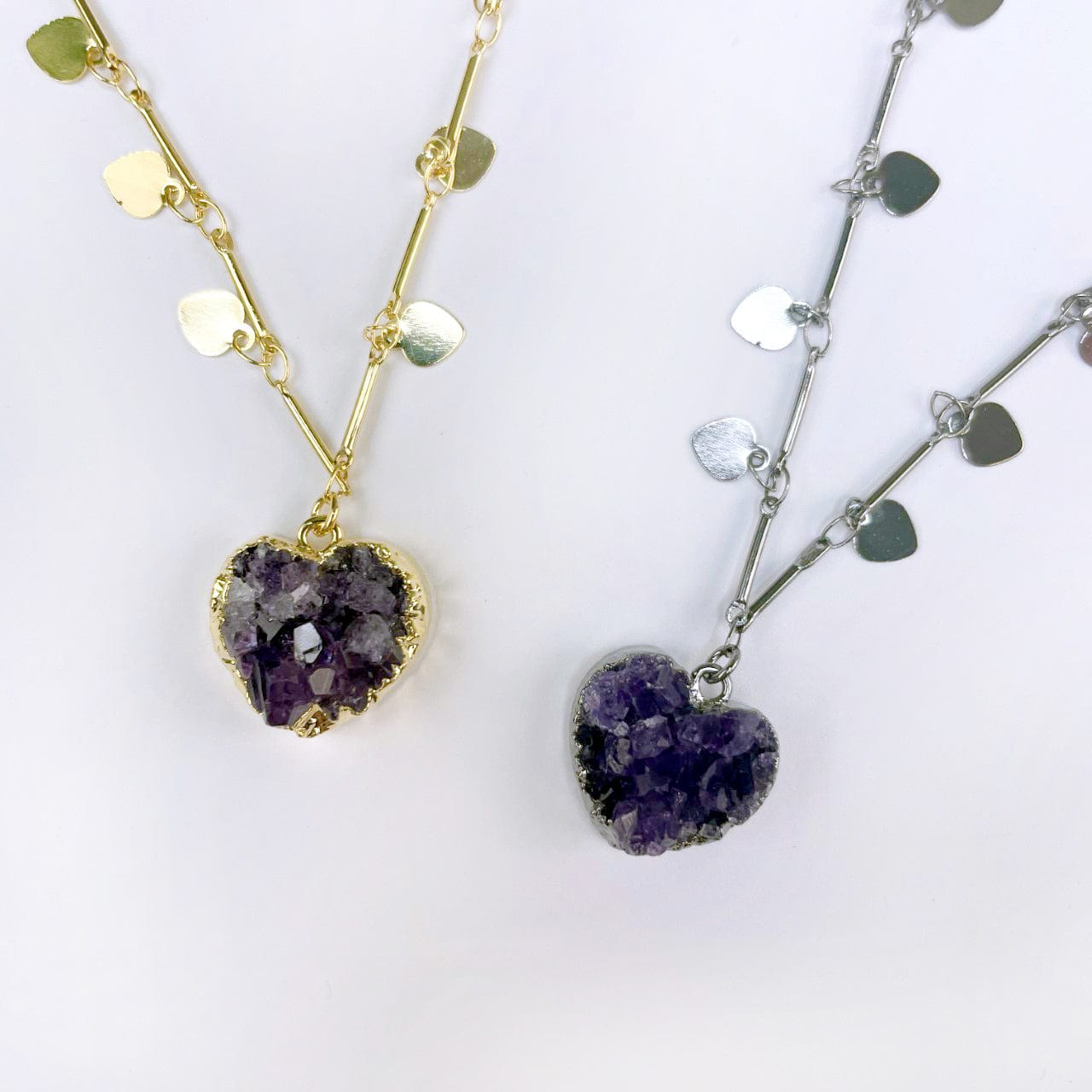Amethyst Druzy Heart on Sweetheart Necklace with Heart Dangle Chain in  Gold and Gunmetal close up