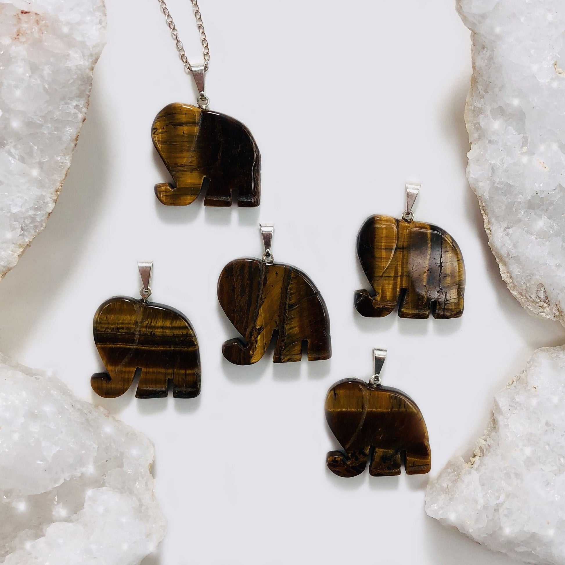 Elephant Gemstones Pendant Showing on Tiger Eye Stone on a white background 