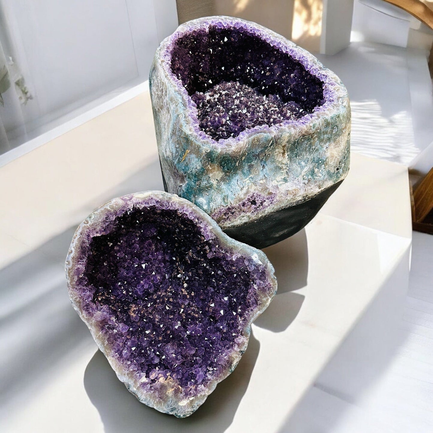 amethyst cathedral box with decorations in background