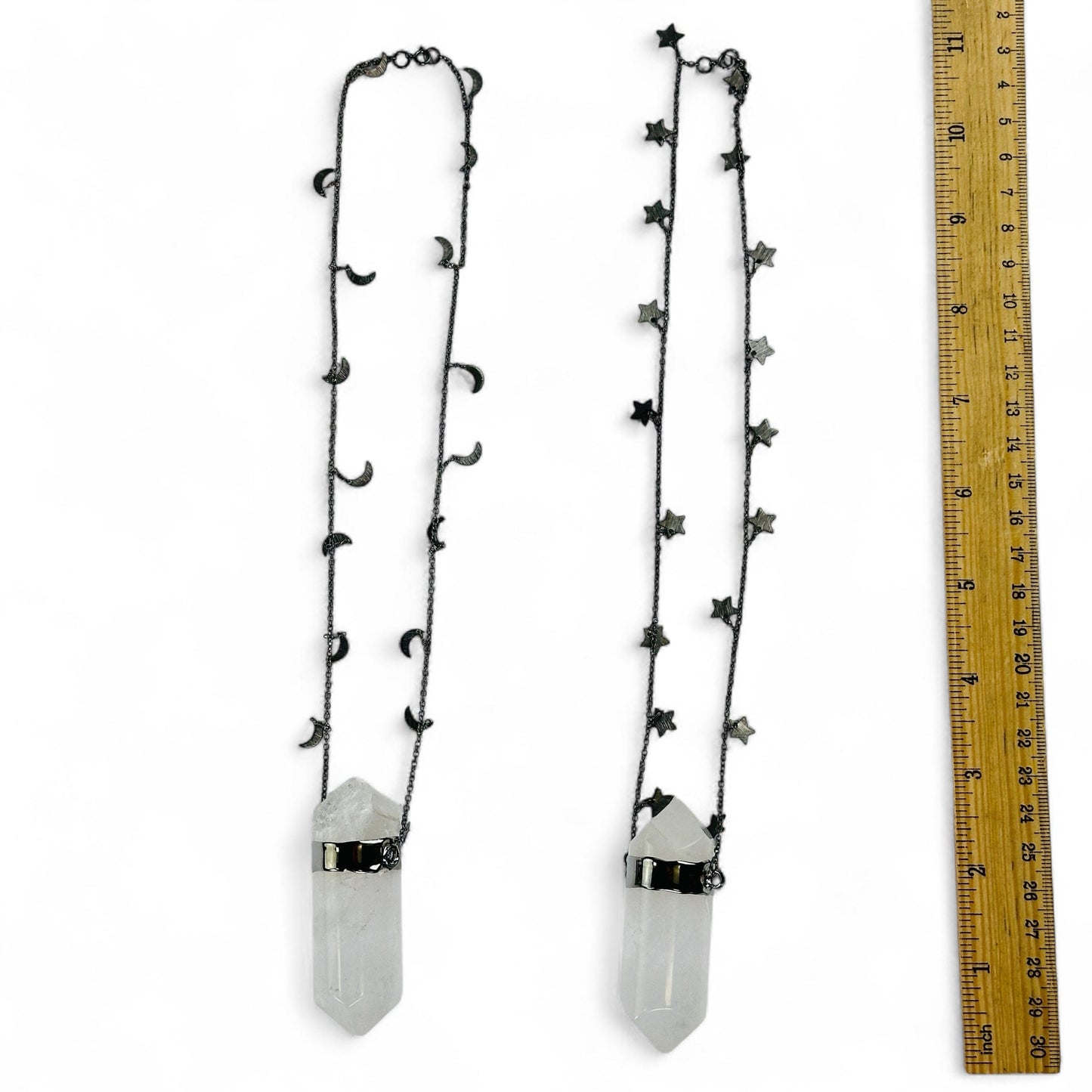 Crystal Quartz Large Pendant with Oxidized Sterling Silver Moon or Star Chain - You Choose Style both variants with ruler for size reference