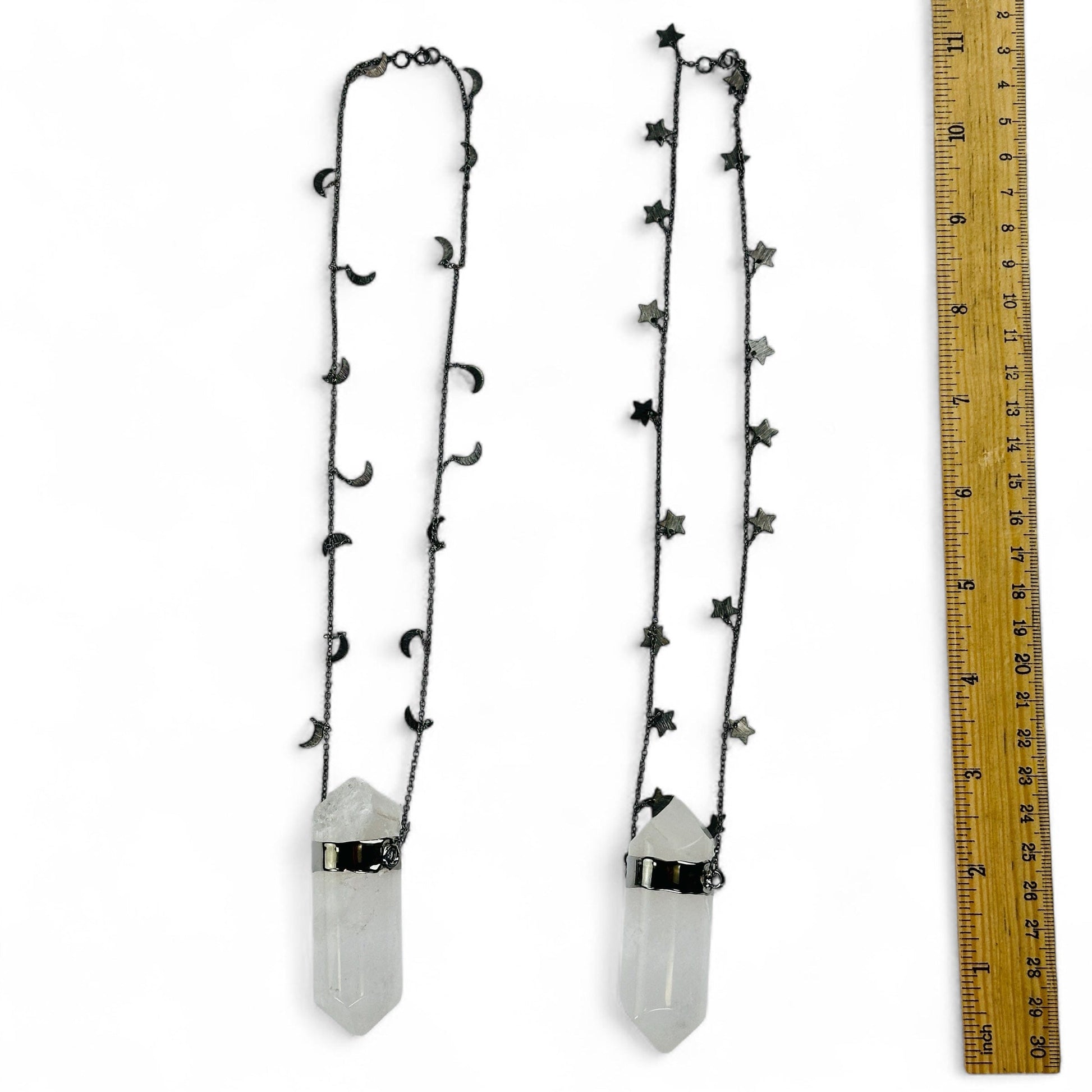 Crystal Quartz Large Pendant with Oxidized Sterling Silver Moon or Star Chain - You Choose Style both variants with ruler for size reference