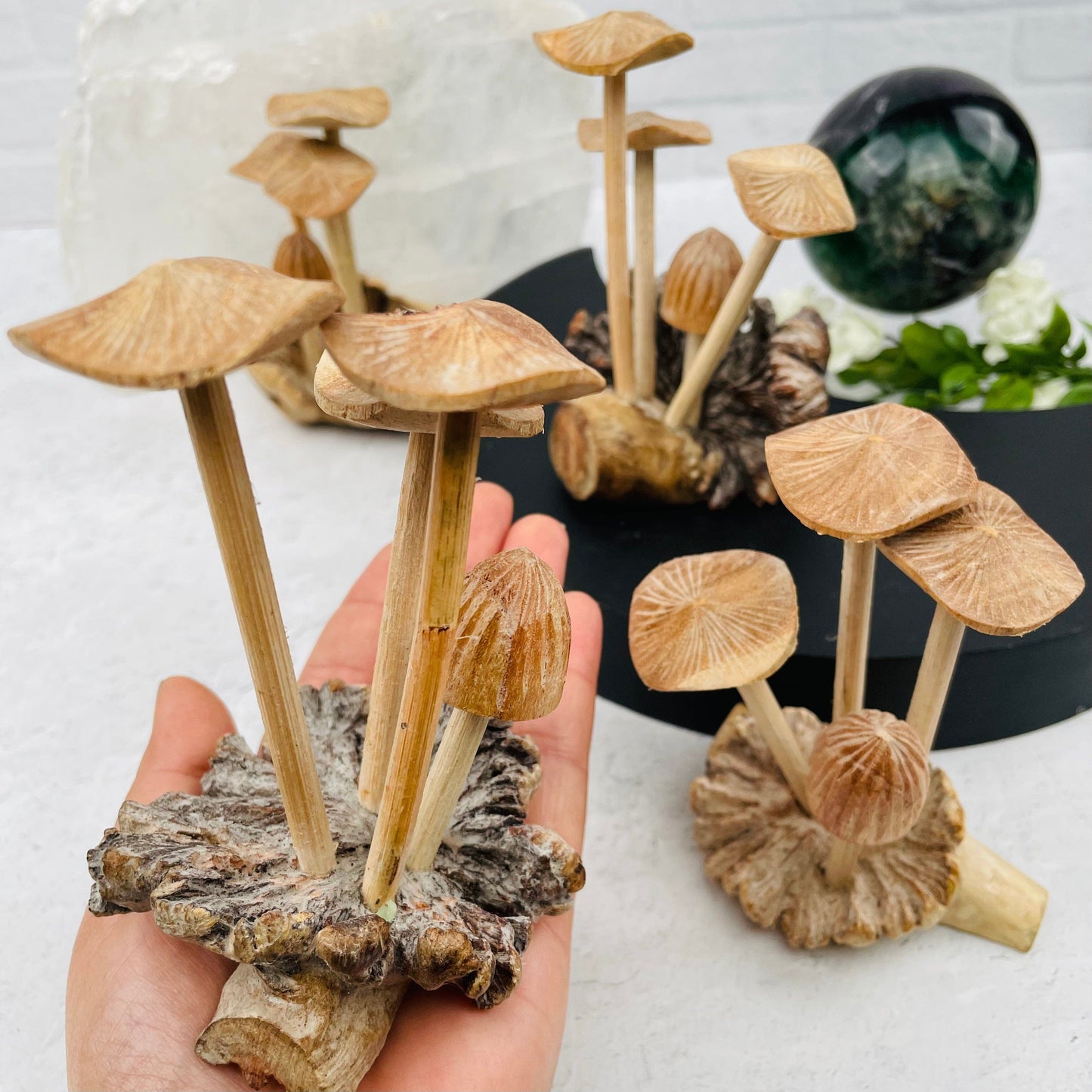 Hand Crafted Wooden Mushroom in hand for size reference 