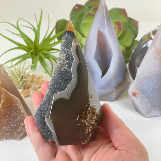 Agate Druzy Geode Long Wide Crystal Point Cut Base - As Is - You Choose one in hand for size reference with other variants in the background