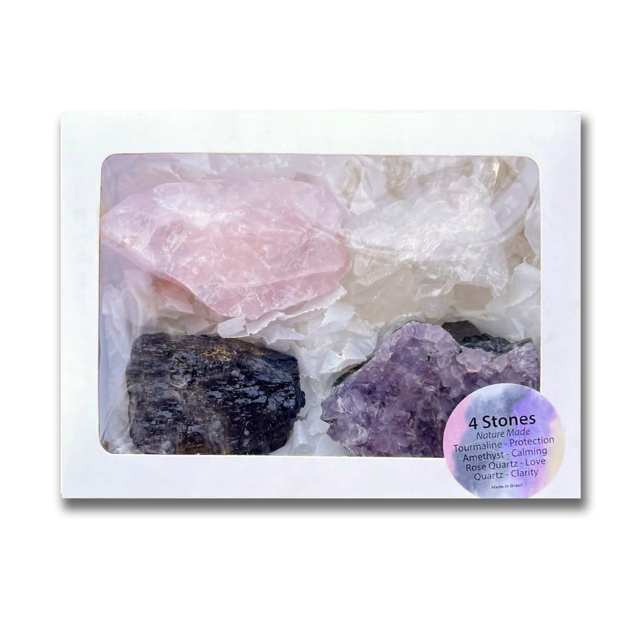 Mixed Crystal Cluster Flat Box: Amethyst, Rose Quartz, Crystal Quartz, and Tourmaline